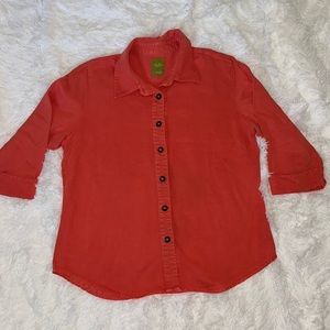 Pulp Womens Top Lyocell Button Up Cuffed Sleeve Coral Large